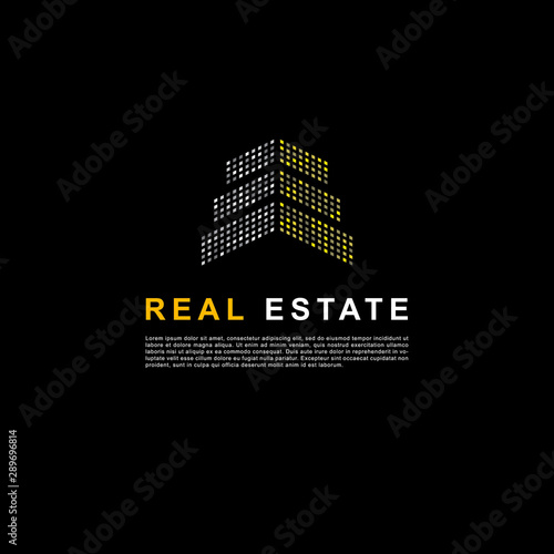 Creative design real estate logo. Building clean concept white and yellow color on black background.