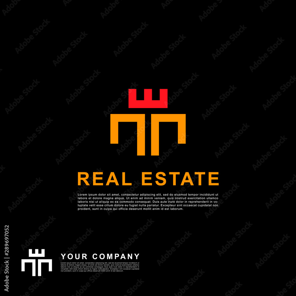 Creative design real estate logo. Building clean concept orange color on black background. Creative design real estate logo. Building clean concept orange color on black background.