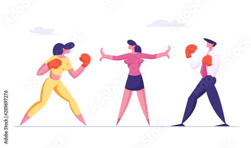Business Woman and Man in Boxing Gloves Prepare to Fight Waiting Referee Give Start. Business Competition Challenge Leadership Concept with Characters Fighting. Cartoon Flat Vector Illustration