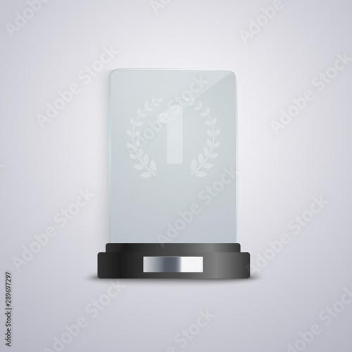 Glass trophy mockup with number one written on crystal plaque