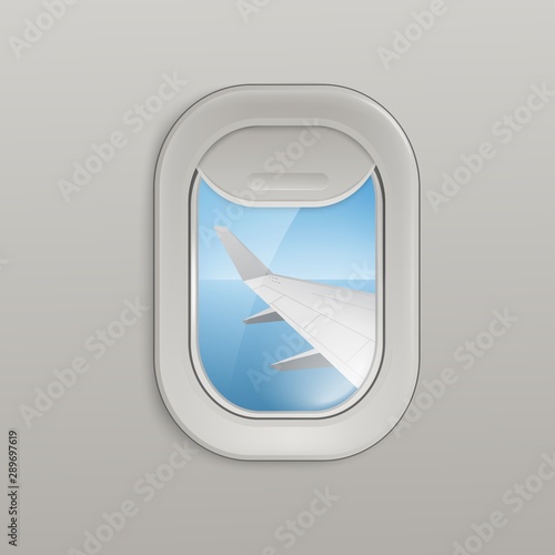 Airplane window or illuminator with view on plane wing 3d vector illustration.