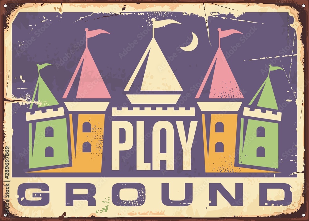 Children playground retro sign with colorful toy castle graphic. Kids zone for playing vintage poster design on violet background. Old scratched metal billboard vector illustration.