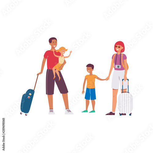 Cartoon tourist family with travel bags and camera