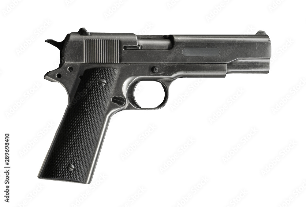 Military black gun pistol isolated on white background.