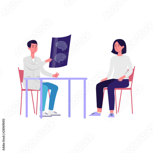 Doctor and patient discussing brain scan x ray image sitting at desk