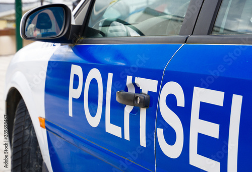 Estonian police car on the street. Close-up view.