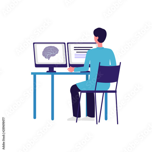 Cartoon doctor looking at brain scan result on computer screen