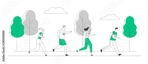 Group of People Characters Running Marathon Distance in Raw. Sport Jogging Competition. Athlete Sprinter Sportsmen and Sportswomen Run Marathon Sprint Race. Cartoon Flat Vector Illustration, Line Art