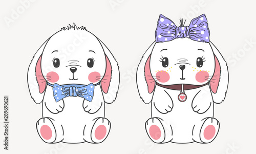 Cute baby rabbits. Girl and boy. Cartoon vector illustration
