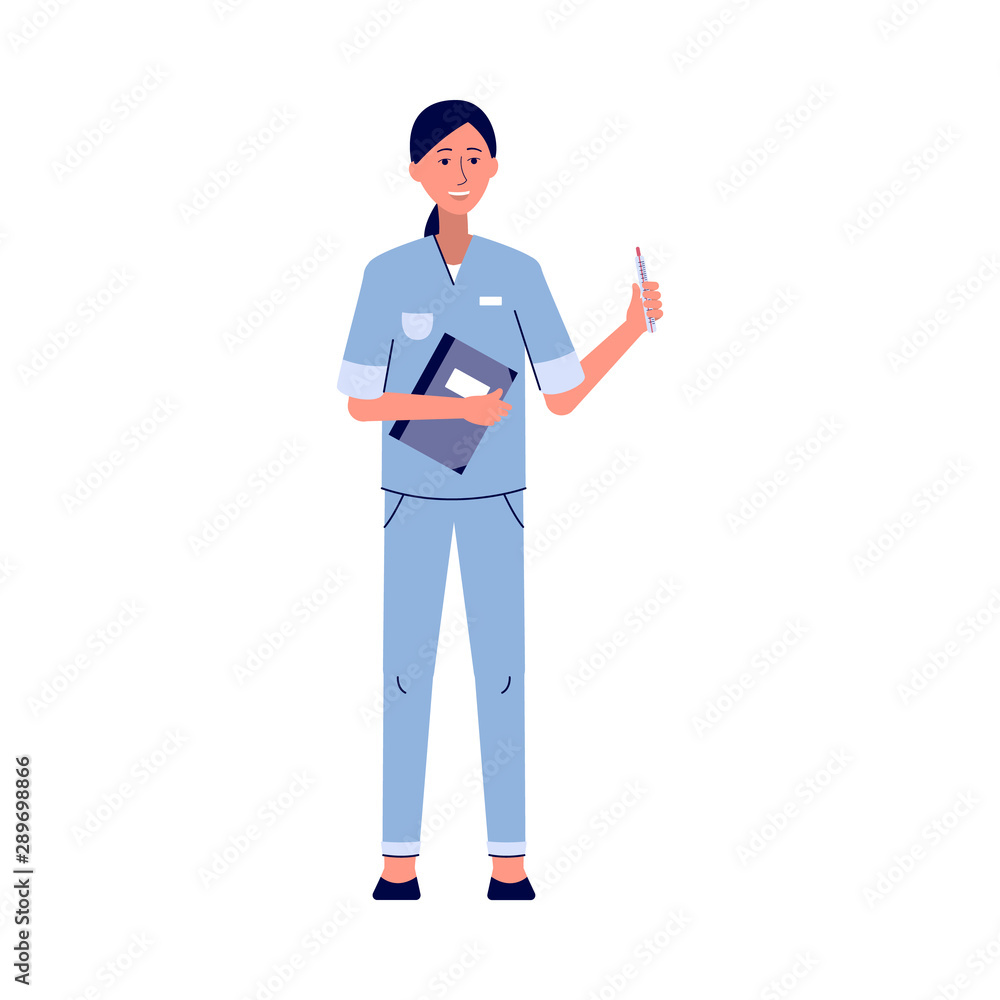 Cartoon nurse in uniform holding notebook and pen to take notes Cartoon nurse in uniform holding notebook and pen to take notes