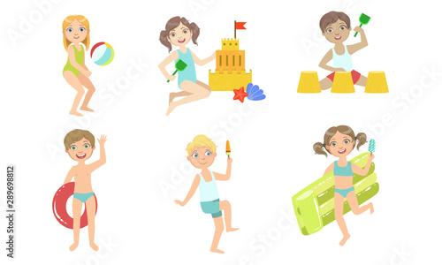 Kids Playing on the Beach Set  Children Having Fun on Seaside  Playing Ball  Eating Ice Cream  Building Sand Castles Vector Illustration