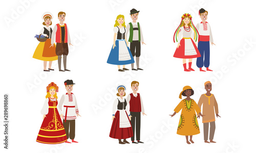 Men and Women Dressed Folk Costumes of Various Countries Set, Denmark, Ukraine, Russia, Germany, Finland, Nigeria Vector Illustration