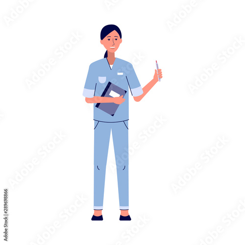 Cartoon nurse in uniform holding notebook and pen to take notes
