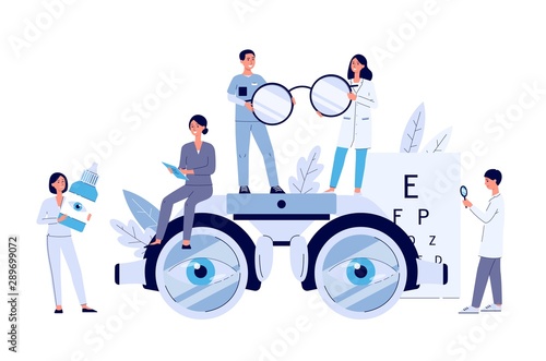 Ophthalmology web banner with tiny people flat vector illustration isolated.
