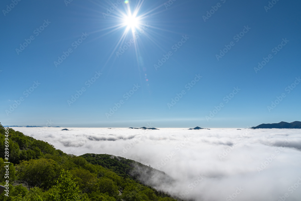 Obraz premium Panorama view from Unkai Terrace in summer time sunny day. Take the cable car at Tomamu Hoshino Resorts, going up to see the sea of clouds. Shimukappu village, Hokkaido, Japan