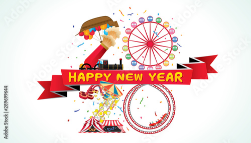 Vector Happy New Year 2020  text design with amusement and carnival funfair concept isolated on white background.