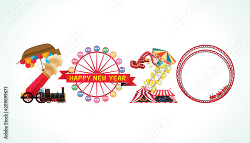 Vector Happy New Year 2020  text design with amusement and carnival funfair concept isolated on white background.