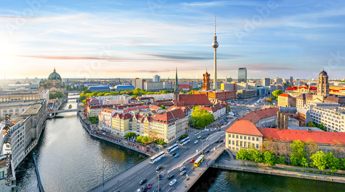 Berlin skyline with Berlin cathedral and Television tower at sunset, Germany