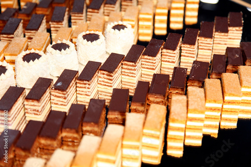 Colorful desserts and pastry served on a wedding party