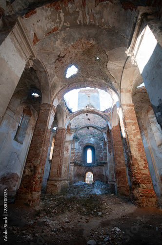 Old ruined abandoned roman catholic church in Izyaslav