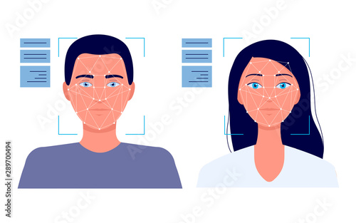 Facial recognition technology - male and female face in idverification interface