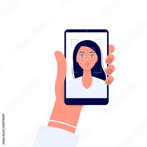 Face recognition technology - hand holding a phone with cartoon woman on screen.
