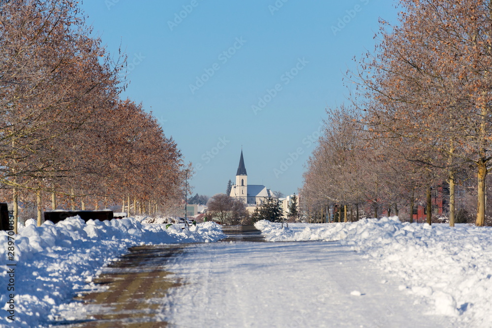 Trees in beautiful romantic winter alley covered with snow with sidewalk in the middle, church in background, Stodulky, Prague, Czech Republic