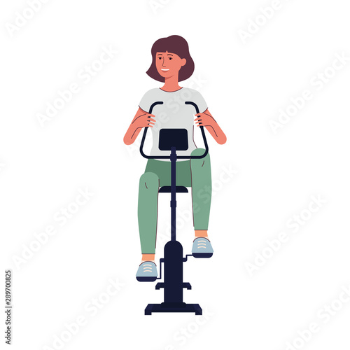 Cartoon woman sitting on exercise bike - happy young girl on gym bicycle