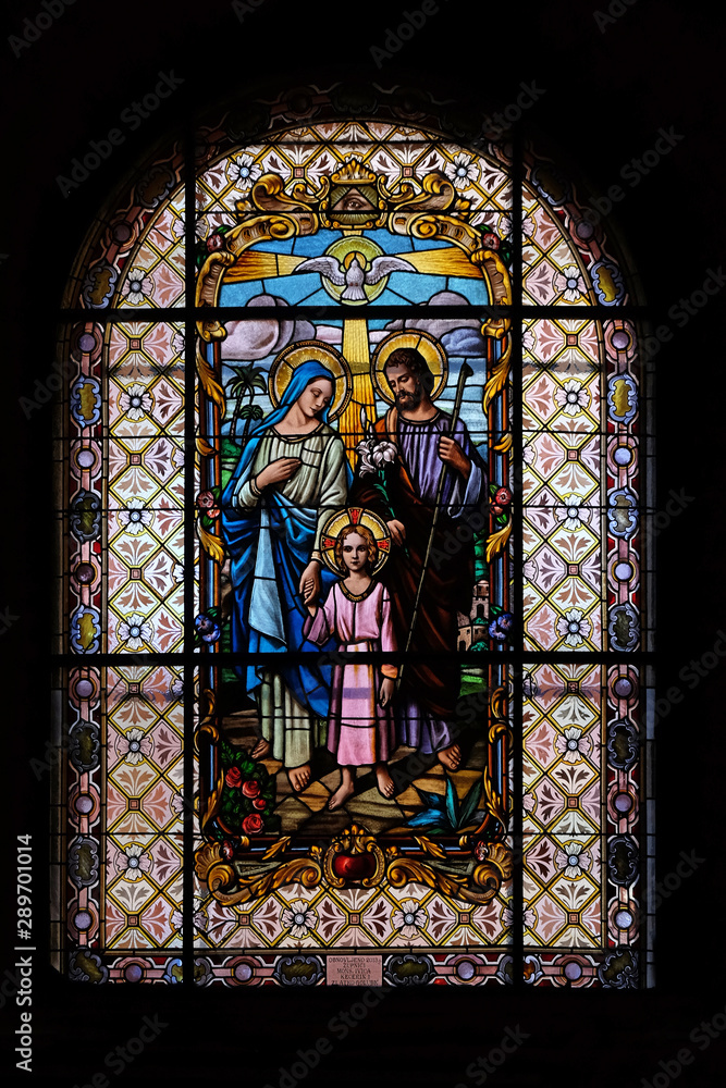 Holy Family, stained glass window in the Parish Church of the Visitation of the Virgin Mary in Zagreb, Croatia Holy Family, stained glass window in the Parish Church of the Visitation of the Virgin Mary in Zagreb, Croatia
