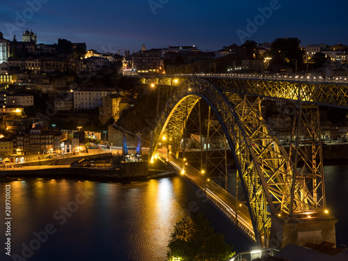Ribeira district - historic center of Porto with Douro river and Porto cathedral in night (Porto, Portugal, Popular travel destination in Europe) © ikmerc