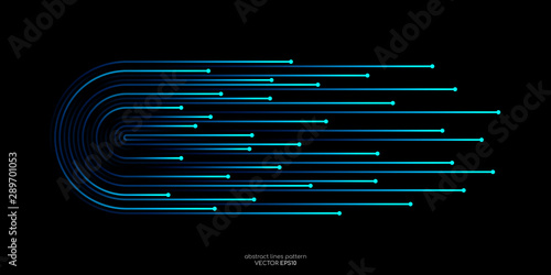 Vector half circles lines flowing dynamic pattern in blue green colors isolated on black background in concept of speed, AI technology, digital, communication.