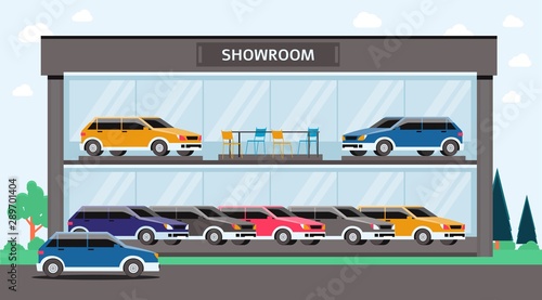 Car showroom building - colorful automobile vehicle dealership