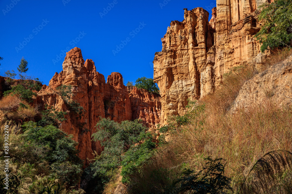 Earth Forest of Yuanmou in Yunnan Province, China - Exotic earth and sandstone formations glowing in the sunlight. Naturally formed pillars of rock and clay with unique erosion patterns. China Travel