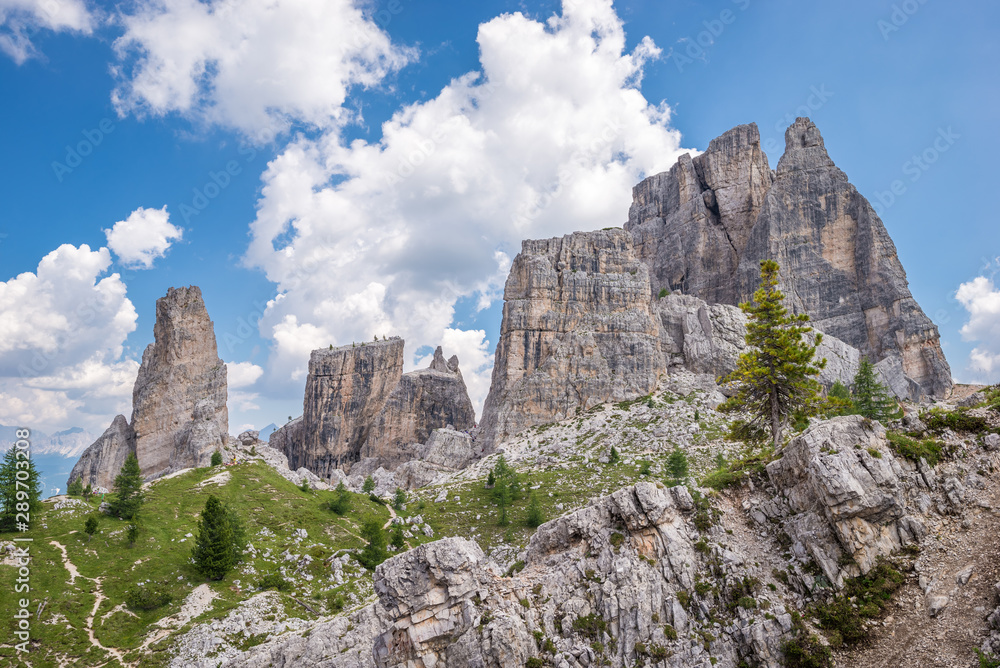 Characteristic view of the Dolomites mountains in summer