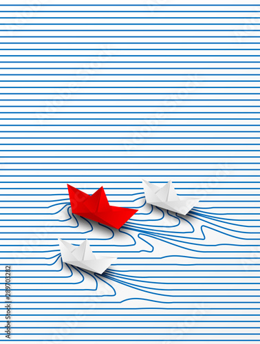Business leadership ,financial concept. paper boat red leadership to success goal. paper art style. creative idea. vector.