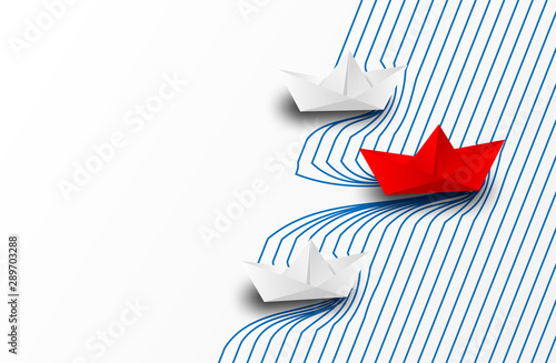Business leadership ,financial concept. paper boat red leadership to success goal. paper art style. creative idea. vector.