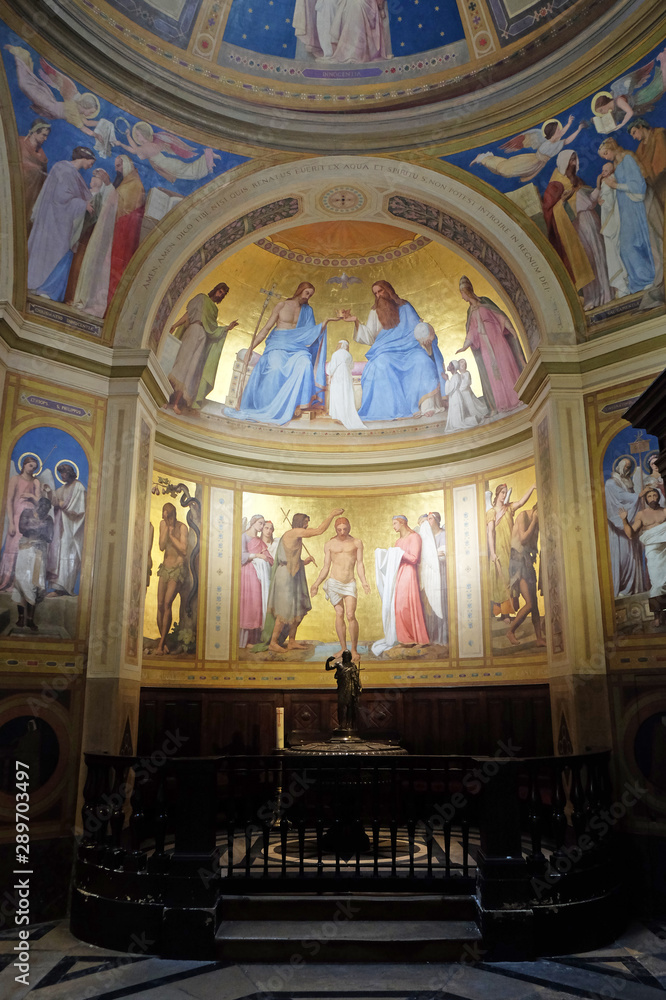 The chapel of Baptism, It is decorated with paintings by Adolphe Roger (1800-1880) in the Notre Dame de Lorette in Paris, France