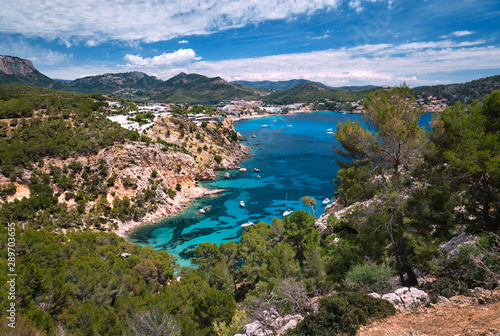 Panorama of bay with luxury yachts rocky mountains of Cala Blanca Andratx, Mallorca, Spain © Alex Tihonov