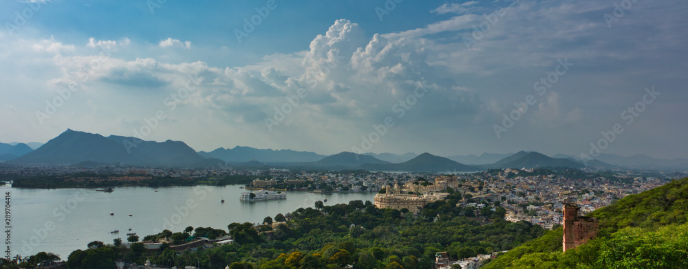 Aerial view of Heritage Resort, Lake Palace, Udaipur, Rajasthan, India