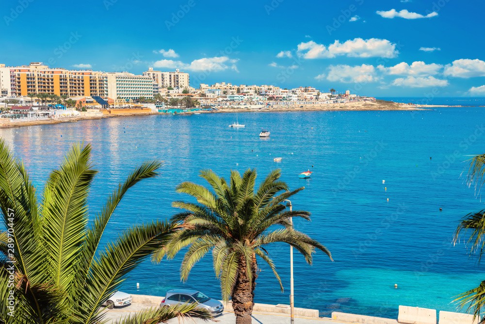 Waterside of St. Julian’s bay and Sliema. Malta - obrazy, fototapety, plakaty 