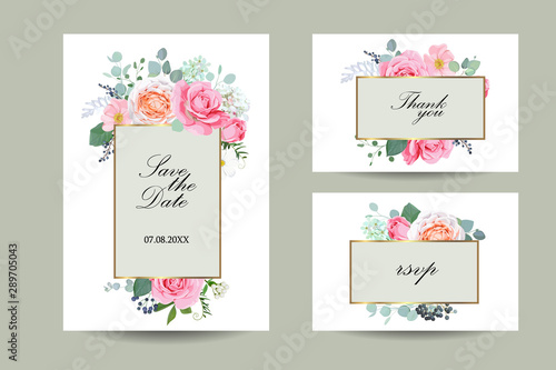 Set of wedding invitations with beautiful pink roses