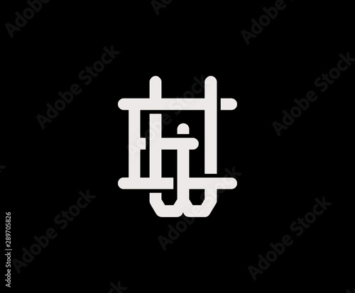 Letter E and W, EW, WE, overlapping interlock logo, monogram line art vintage style on black background