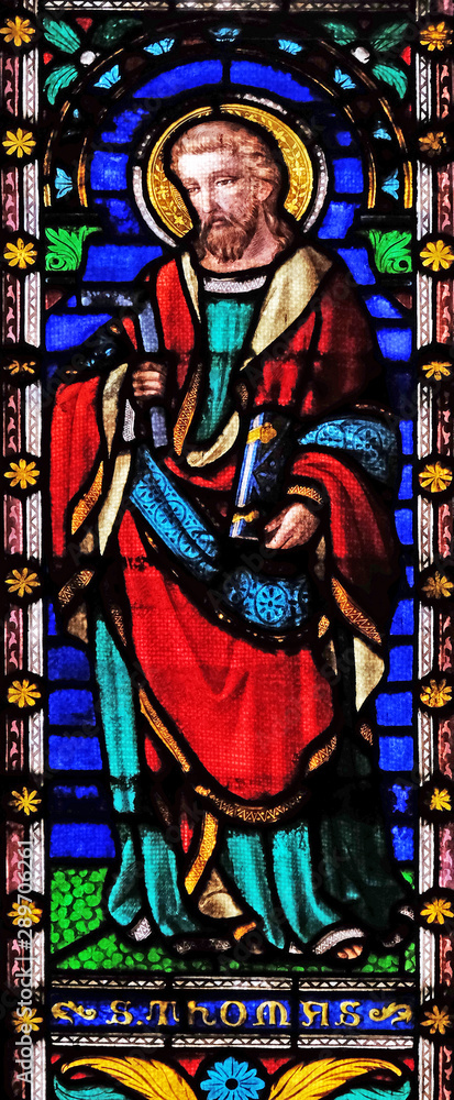 Saint Thomas the Apostle, stained glass window in the San Michele in Foro church in Lucca, Tuscany, Italy