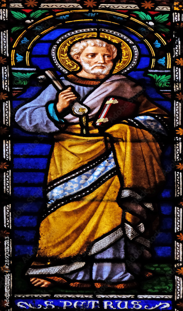 Saint Peter the Apostle, stained glass window in the San Michele in Foro church in Lucca, Tuscany, Italy 