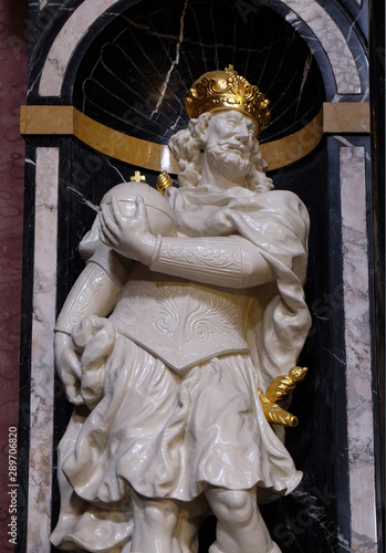 Statue of the Saint Charlemagne, also known as Charles the Great on the altar in the Franciscan Church of the Annunciation in Ljubljana, Slovenia 