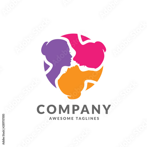 creative colorful woman head connected circle for relationship or beauty logo