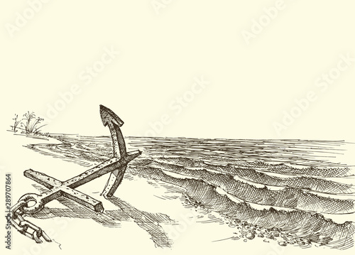 Old anchor in the sand on an empty beach vector drawing