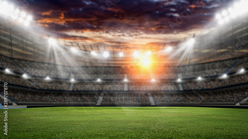 Soccer stadium, green grass and night sky. 3d renering © sutadimages