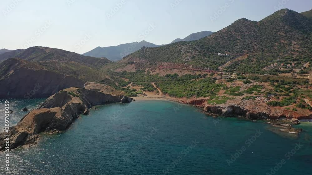 Aerial video on coast and sea rocks near Kalo Horafi or Vossako beach on Crete, Greece Aerial video on coast and sea rocks near Kalo Horafi or Vossako beach on Crete, Greece