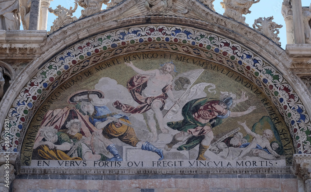 Resurrection, mosaic on the upper right arch of the facade of St. Mark's Basilica, St. Mark's Square, Venice, Italy